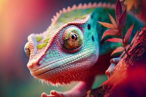 Close up portrait of colorful vibrant chameleon on tree branch with defocused environment background. illustration. photo