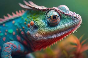 Close up portrait of colorful vibrant chameleon on tree branch with defocused environment background. illustration. photo
