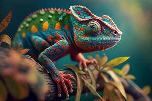 Close up portrait of colorful vibrant chameleon on tree branch with defocused environment background. illustration. photo