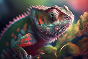 Close up portrait of colorful vibrant chameleon on tree branch with defocused environment background. illustration. photo
