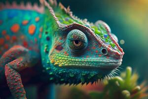 Close up portrait of colorful vibrant chameleon on tree branch with defocused environment background. illustration. photo