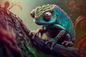 Close up portrait of colorful vibrant chameleon on tree branch with defocused environment background. illustration. photo