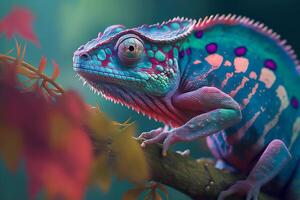 Close up portrait of colorful vibrant chameleon on tree branch with defocused environment background. illustration. photo