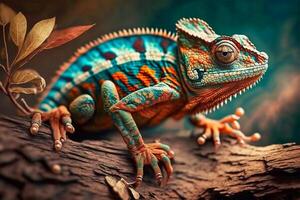Close up portrait of colorful vibrant chameleon on tree branch with defocused environment background. illustration. photo