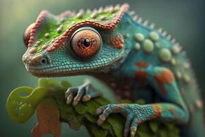 Close up portrait of colorful vibrant chameleon on tree branch with defocused environment background. illustration. photo