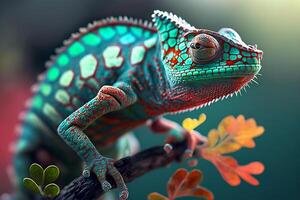 Close up portrait of colorful vibrant chameleon on tree branch with defocused environment background. illustration. photo