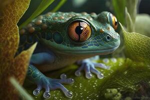 Red eyed tree frog hop on leaf. Amphibian closeup macro portrait. illustration. photo