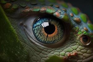 Vibrant eye of tree green snake. Reptile closeup macro portrait. Generative AI illustration. photo