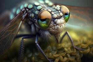 Macro close up of dragonfly isolated by rough defocused surface environment. illustration. photo