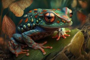 Red eyed tree frog hop on leaf. Amphibian closeup macro portrait. illustration. photo