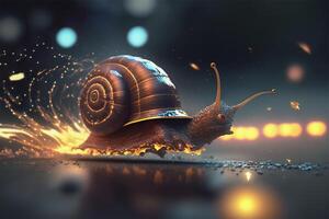 A snail running at lightspeed leaving behind spark trails. Fast speed snail concept. illustration. photo