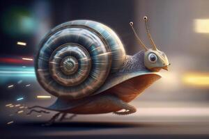 un caracol corriendo a velocidad de la luz dejando detrás Chispa - chispear caminos. rápido velocidad caracol concepto. generativo ai ilustración. foto