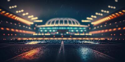 Football stadium on rainy night. Tilt shift defocused photo of soccer stadium background. illustration.