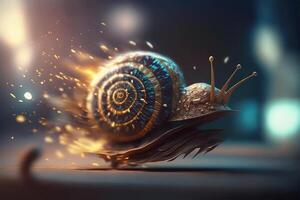 un caracol corriendo a velocidad de la luz dejando detrás Chispa - chispear caminos. rápido velocidad caracol concepto. generativo ai ilustración. foto