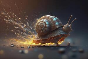 un caracol corriendo a velocidad de la luz dejando detrás Chispa - chispear caminos. rápido velocidad caracol concepto. generativo ai ilustración. foto