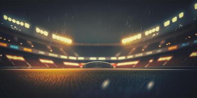 Football stadium on rainy night. Tilt shift defocused photo of soccer stadium background. illustration.