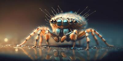 Tarantula spider closeup macro portrait stand on ground with defocused background. illustration. photo