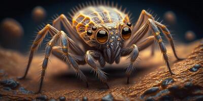 Tarantula spider closeup macro portrait stand on ground with defocused background. illustration. photo