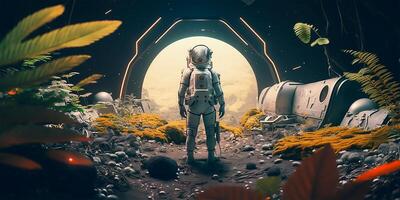 astronauta dentro futurista vibrante jardín. espacio viaje exploración concepto. generativo ai ilustración. foto