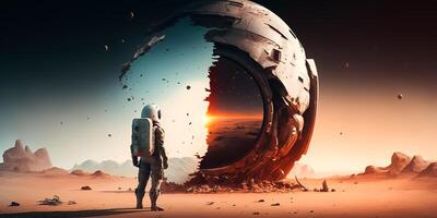An astronaut standing in front of broken spaceship on deserted planet. illustration. photo