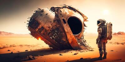 An astronaut standing in front of broken spaceship on deserted planet. illustration. photo