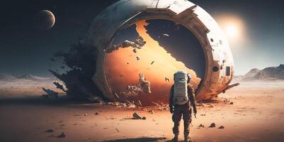 An astronaut standing in front of broken spaceship on deserted planet. illustration. photo