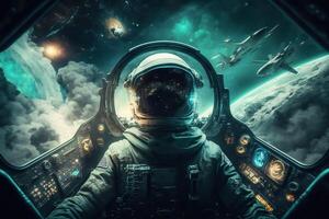 An astronaut inside spaceship cockpit in the middle of inter galactic war. illustration. photo