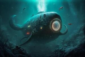 Gigantic fantasy submarine with tentacles drowning under the deep of ocean. illustration. photo