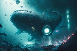 Gigantic fantasy submarine with tentacles drowning under the deep of ocean. illustration. photo