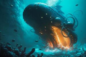 Gigantic fantasy submarine with tentacles drowning under the deep of ocean. illustration. photo