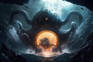 Gigantic fantasy submarine with tentacles drowning under the deep of ocean. illustration. photo
