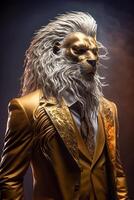 A lion dressed in a formal yellow business suit. illustration. photo