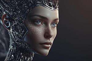 Futuristic cyborg robotic girl with a complex neural brain threads. Artificial intelligence neural data science technology concept. illustration. photo