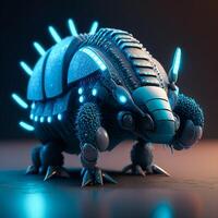 Futuristic armadillo cyborg fantasy creature with blue neon lights. illustration. photo