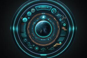 Futuristic HUD circle technology concept background. Circular virtual HUD element of data, storage, cloud computing and cyber security system. illustration. photo