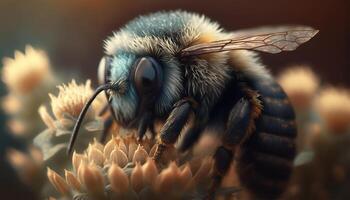 abeja reunión miel en parte superior de hermosa flor. Colmena cerca arriba macro fotografía. generativo ai ilustración. foto