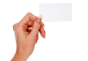 Female hand holding a blank business card, isolated png