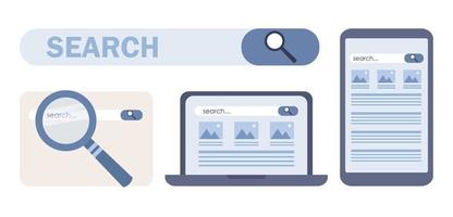 Internet search icon set. Information search system concept. Search bar elements. Vector flat illustration