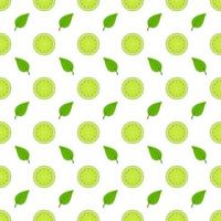 Lime seamless pattern with green leaves, slice citrus white background. vector