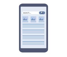 Search page on smartphone app. Information search system. Vector flat illustration