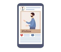 Social media post blogger man in smartphone app. Influencer marketing. Social influences concept. Vector flat illustration