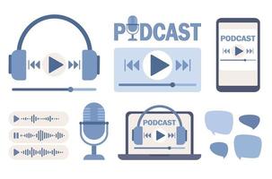 Podcast icon set. Headphones, microphone, media player, smartphone, laptop, speech bubbles. Podcast recording and listening, broadcasting, online radio, audio streaming. Vector flat illustration