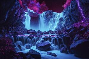 Digital art depicting a neon waterfall. Water illuminated by multicolored light. . photo