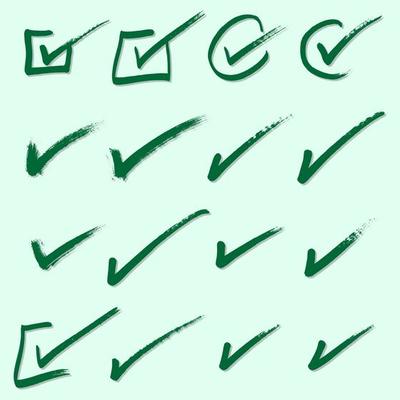 Green ink brush stroke check marks set.