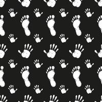 Pattern black prints of palms and feet on a black background. vector