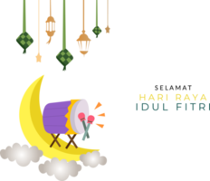 happy eid al fitr greeting card with crescent moon, percussion, lantern and star decorations png