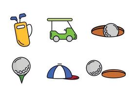 Golf colored icons set. Golf bag with clubs. A ball near the hole. Golf ball on a stand. vector