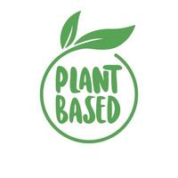 Plant based label. Text inside a circle with leaves around. Vegan friendly badge. vector