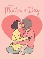 Mothers Day greeting card with a child sitting on mothers knees. Daughter and mom together. Vector art