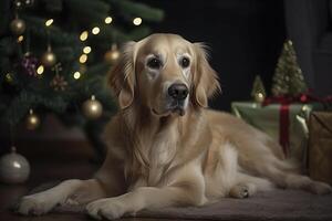 Golden retriever near the Christmas tree with gifts. . photo